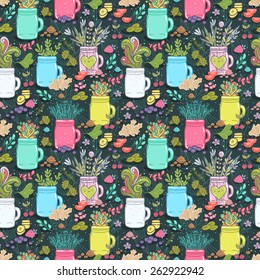 Mason jar seamless pattern with flowers, fruits, vegetables and doodles.
