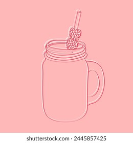 A mason jar sits on a pink background, filled with vibrant red raspberries. The ripe fruits contrast beautifully against the soft pastel backdrop