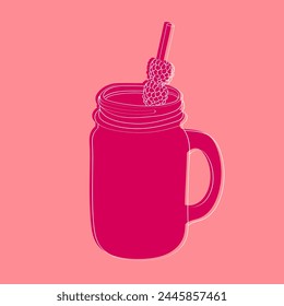 A mason jar sits on a table with a straw poking out of the lid, and a vibrant raspberry placed on top of the straw