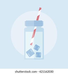 Mason jar with soda or cold water with drinking straw. Mason jar of water with ice flat icon. Vector illustration.