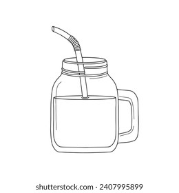 Mason jar with straw hand drawn illustration. Design for restaurant, bar, cafe menu design, logo etc. Vector illustration isolated on white background