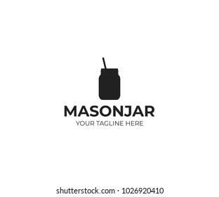 Mason jar with straw logo template. Canning jar vector design. Glass mason jar illustration