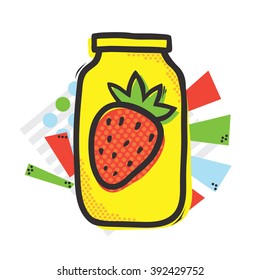 Mason jar and strawberry isolated vector illustration in popart style