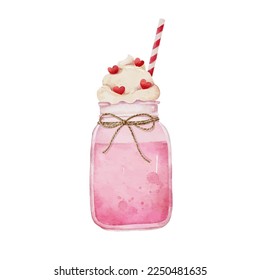 Mason jar of strawberry milkshake with whipped cream for Valentines day.