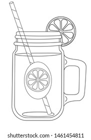 Mason Jar. Summer drinks for a healthy lifestyle - juice, fresh, craft drinks and fruit water. A bottle with a drink and a straw for drinking, a label and a slice of lemon. Eco drinks -vector picture.