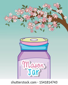 mason jar tree branch flowers decoration vector illustration