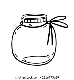 Mason jar vector icon. Hand drawn glass container isolated on white. Empty vintage pot with ribbon, bow. Simple doodle, black outline. Dishes for storing food, sweets. Clipart for print, logo, apps 