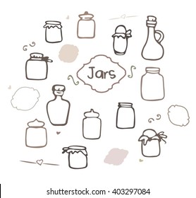 Mason Jar vector set. Sketched jars and bottles isolated on white background. Jar glass set. Hand drawn jars and bottles vector illustration. 