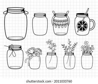 Mason jar vintage design. Empty containers. Silhouette vector flat illustration. Cutting file. Suitable for cutting software. Cricut, Silhouette