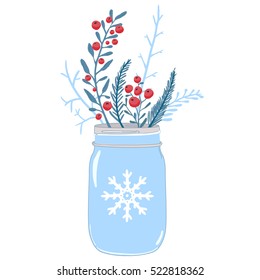 Mason jar and winter composition of red berries, holly and branches of fir. Christmas card vector illustration