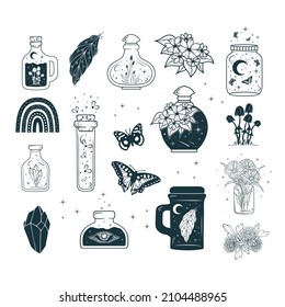 Mason Jars, Celestial Bottles, Butterflies, Crystal, Mushrooms And Other Esoteric Elements Set. Hand Drawn Vector  Illustration For Witchcraft.