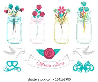 Mason Jars Clip art with Banner,line dividers, and rose bouquet in Vector