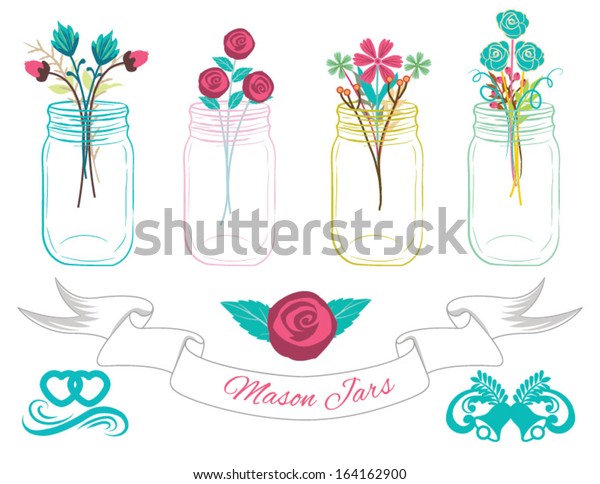 Mason Jars Clip art with Banner,line dividers, and\
rose bouquet in Vector