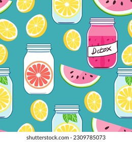 Mason jars filled with watermelon and lemon slices in a refreshing summer seamless pattern. Seamless pattern of mason jars filled with watermelon and lemon slices