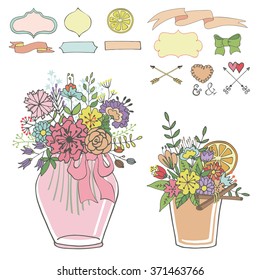 Mason jars with flowers bouquet,decorative elements.Wedding,Valentine day romantic Hand drawing doodle holiday set.Vintage Party Vector,glass jar for canning,saving.Soft design,pastel colors