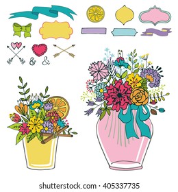 Mason jars with flowers bouquet,decorative elements.Wedding,Valentine day romantic Hand drawing doodle holiday set.Vintage Party Vector,glass jar for saving.Cute design.Summer,spring Flowers,mason jar