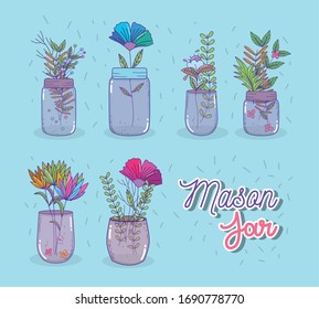 Mason jars with flowers and leaves set design, Retro vintage decoration canning party old bouquet and cute theme Vector illustration