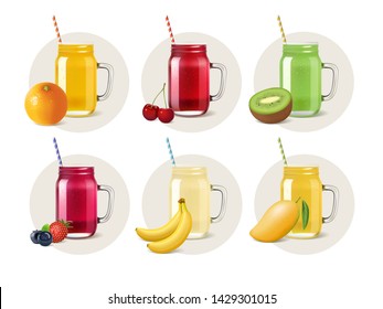 Mason jars with juices or smoothies. Vector cold drinks stickers with realistic fruits and berries. Orange, kiwi, cherry, strawberry, blueberry, banana and mango