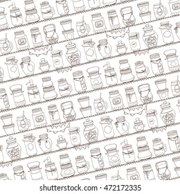 Mason jars on shelf.Pattern backdrop.Vector Hand drawing doodle holiday set.Glass jar Jars for canning,lemonade,jam,marshmallow,candy.Vintage style,background.Cute illustration