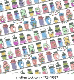 Mason jars on shelf.Pattern backdrop.Vector Hand drawing doodle holiday set.Glass jar Jars for canning,lemonade,jam,marshmallow,candy.Vintage style,background.Cute illustration