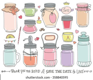 Mason Jars Set.Wedding,romantic Hand Drawing Doodle Holiday Set.Party,save The Date.Vector Glass Jar For Canning.Vintage Style,Pastel Colors.Soft Design.