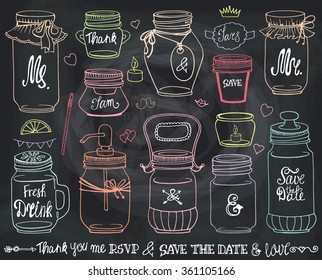 Mason Jars Set.Wedding,romantic Hand Drawing Doodle Holiday Set.Party,save The Date.Vector Glass Jar For Canning.Vintage Style,Linear Chalk Object.Soft Design.Chalkboard.Handwriting Titles