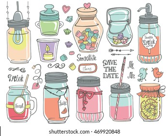 Mason jars set.Wedding,romantic Hand drawing doodle holiday set.Party,save the date.Vector glass jar Jars for canning,lemonade,jam,marshmallow,candy.Vintage style, isolated object.Cute illustration