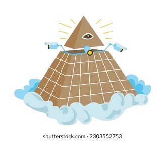 Mason pyramid with seeing eye and video cameras filming civilians and humanity. Isolated freemason conspiracy theory and twisted plots or schemes made up by people. Vector in flat style illustration