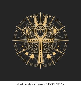 Mason sign, occult and esoteric symbol. Egyptian Ankh sign, vector magic tarot cards, sacred cross, star rays, sun and moon inside of golden circle. Religion spiritual occult amulet, tattoo design