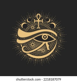 Mason sign, occult and esoteric symbol. Vector Eye of providence, Egyptian Ankh, stars and moon inside of golden sun circle. Magic tarot card sign, sacred religion spiritual occult amulet, tattoo