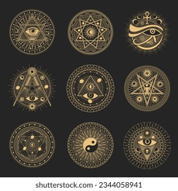 Mason signs, occult and esoteric pentagram symbols, vector magic tarot with Ankh and Horus eye. Occult pentagrams with Yin Yang, Baphomet devil skull and freemason illuminati heptagram stars