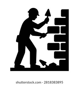Mason Silhouette Working With Brick Wall Black And White Graphic