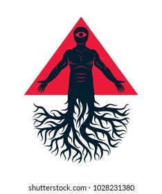 Mason vector illustration created as athletic man composed with tree roots and red triangle with all-seeing eye.