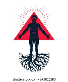 Mason vector illustration created as athletic man composed with tree roots and red triangle with all-seeing eye.