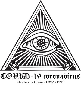 A Masonic eye with a coronavirus pupil in a triangle. Conspiracy concept of the emergence of the COVID-19 pandemic.