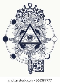 Masonic eye and key tattoo symbols. Freemason and spiritual symbols. Alchemy, medieval religion, occultism, spirituality and esoteric art t-shirt design 