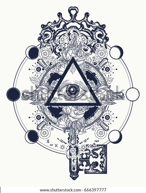 マソニックな目とキーの入れ墨 フリーメーソンと霊的な象徴 錬金術 中世宗教 呪術 霊性 密教tシャツ のベクター画像素材 ロイヤリティフリー