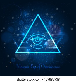 Masonic Eye Of Omniscience On Blue Shining Background. Vector Illustration