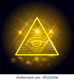 Masonic eye of Omniscience on golden shining background. Mystical symbol vector illustration