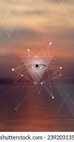 Masonic eye in a pyramid, hipster triangles and molecule structure background on blur photo background. Vector design for music albums, posters, flyers, web design and mobile application.