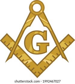 Masonic Freemasonry Emblem in Golden Line art Style. Editable Clip Art.