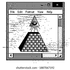 Pirámide masónica con un estilo retro de arte píxel con visión completa. Concepto de internet y ciberseguridad, seguridad informática.