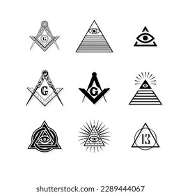 Masonic pyramids, all-seeing eye icons and symbols of secret orders, vector icons with shadows, EPS 10