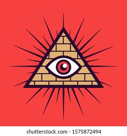 Masonic sign on a red background. pyramid with an eye. flat vector illustration.