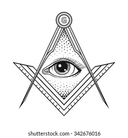 Masonic square and compass symbol with All seeing eye , Freemason sacred society emblem for tattoo design art. Isolated vector illustration. Occultism, religion and spirituality vector sign.