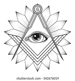 Masonic square and compass symbol, Freemason sacred society emblem. All seeing eye for tattoo design art. Isolated vector illustration. Occultism, religion and spirituality vector sign.