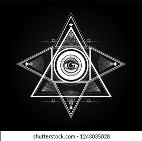 Masonic symbol with all seeing eye. Occult geometric pattern. White isolated  sign on the black background