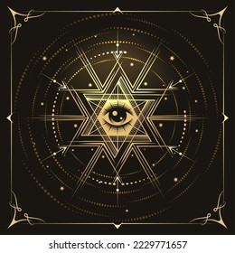 Masonic Symbol All Seeing Eye Esoteric Emblem. Vector illustration on Black Background.