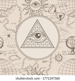 Masonic symbol. The all-seeing eye inside the triangular pyramid. Seamless pattern. New world order. Sacred geometry, religion, spirituality, occultism. Vector image.