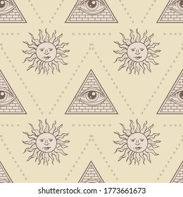 Símbolo masónico El único ojo dentro de la pirámide triangular. El sol. Patrón sin problemas Nuevo orden mundial. Geometría sagrada, religión, espiritualidad, ocultismo. Imagen del vector